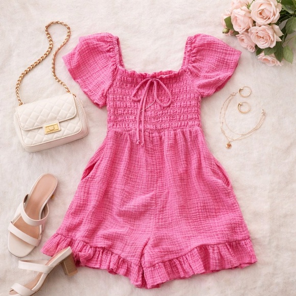 Women's Carole Christian Pink Smocked Ruffle Hem Romper Flutter Sleeve - Picture 2 of 8